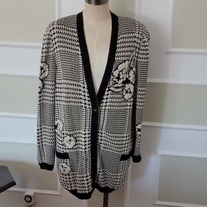 Vintage Escada Houndstooth floral long cardigan sweater- black and white